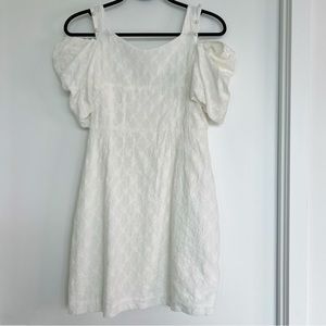 Handmade Cotton Off shoulder White High Waist Mini Puffed Sleeve Pearl Dress
